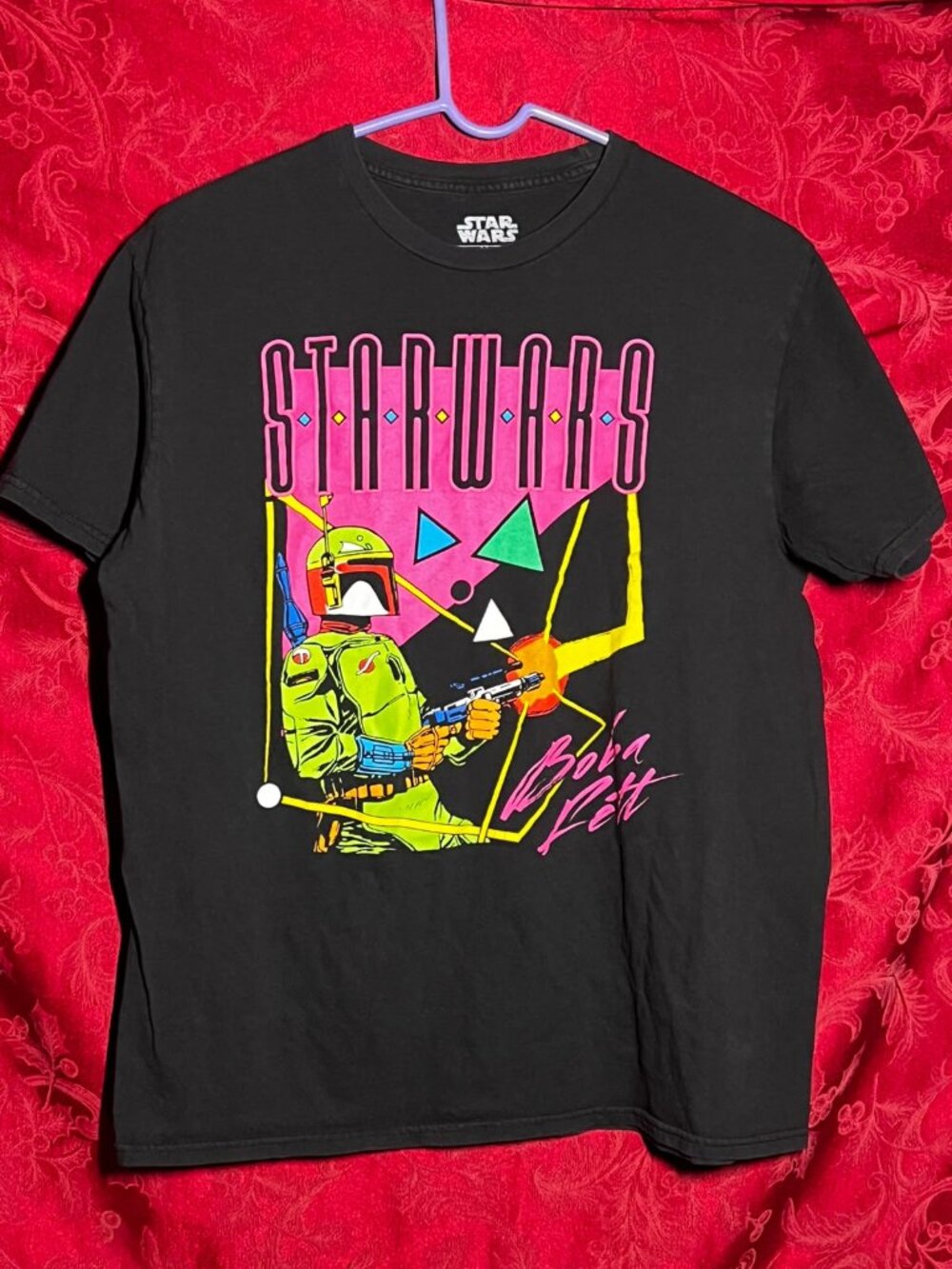 Star Wars Retro Neon Boba Fett Black Graphic T-Shirt SIZE L